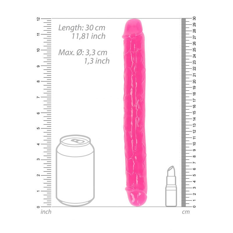 Realcock - 11.8 cm double dong glow - Pink, Product front view with sizes  | Flirtybay.com.au